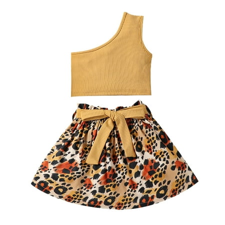 

Cute Summer Toddler Girls Outfits Set Child Sleeveless Suspenders Ribbed Tops Bow Tie Leopard Prints Skirts Outfits For 5-6 Years