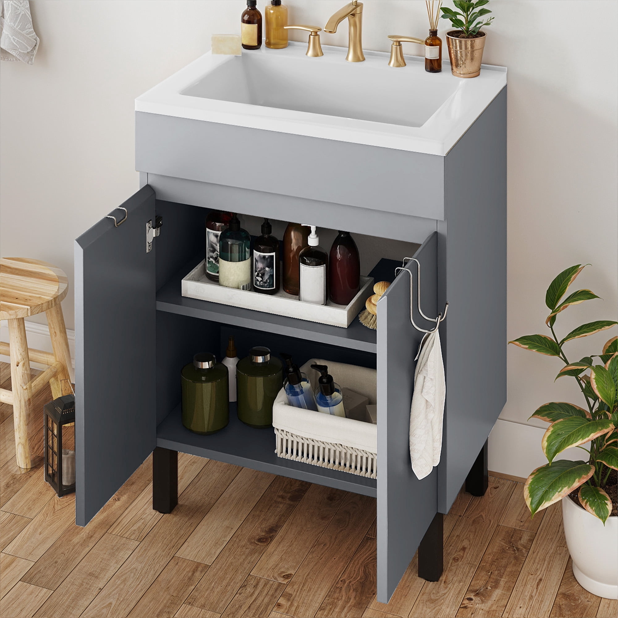Uforic 24.9" Bathroom Vanity with Top Sink, Modern Free Standing Bathroom Storage Cabinet with Soft Close Door, Gray