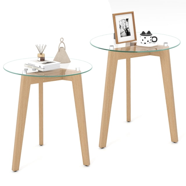 Gymax Modern Tempered Glass End Table Set of 2 w/ Transparent Tabletop for Office