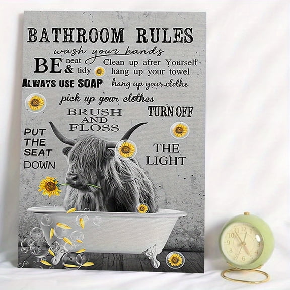 [Fun Highland Cow] Fun Creative 1pc Highland Cow Bathroom Rules Canvas Art Print | Frameless  Wall Decor for Home, Bedroom, Kitchen, Living Room, Hotel, Cafe, Office Restroom - Bathroom