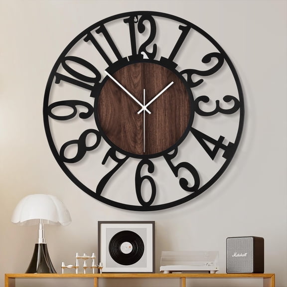 Large Wall Clock for Living Room Decor- 24" Decorative Antique Silent Non Ticking,Battery Operated,Black Metal,Wood Clocks for Farmhouse,Dining Room,Bedroom,Kitchen - Arabic Numerals