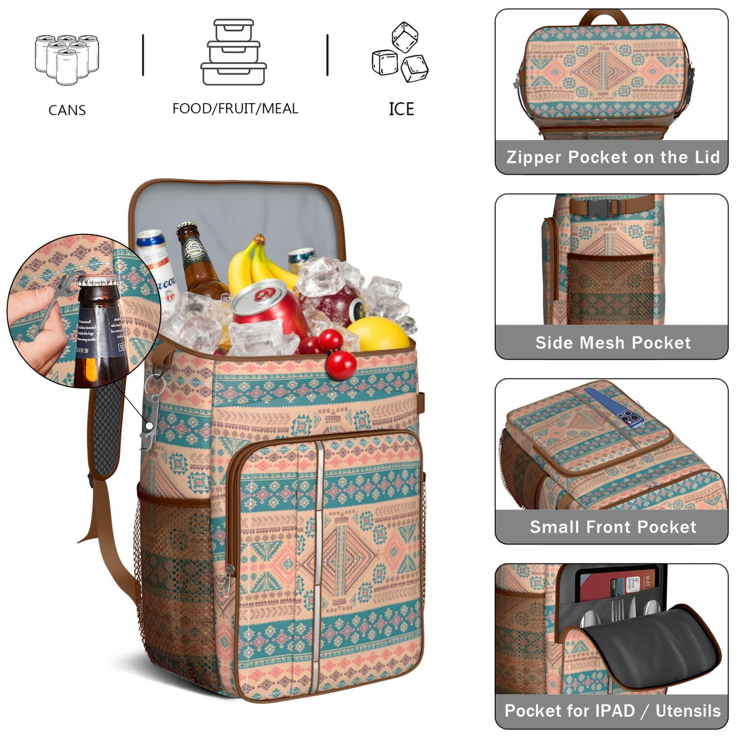Travel Cooler Bag - Boho Bohemia Pioneer Flower Geometric Line Art Camping Beer Cooler Backpack with Bottle Opener- Waterproof Insulated Picnic Backpacks - Cooler Bag for Beach