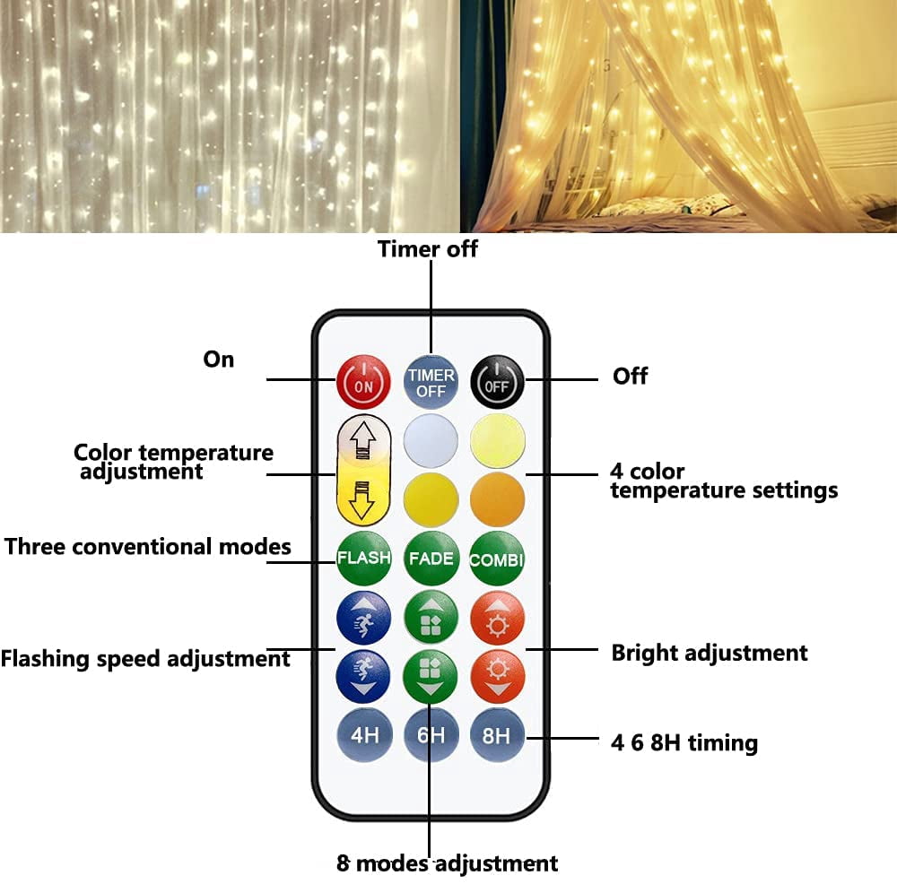 LED Curtain String Lights, 9.8 x 9.8 ft, with Remote, 3 Colors