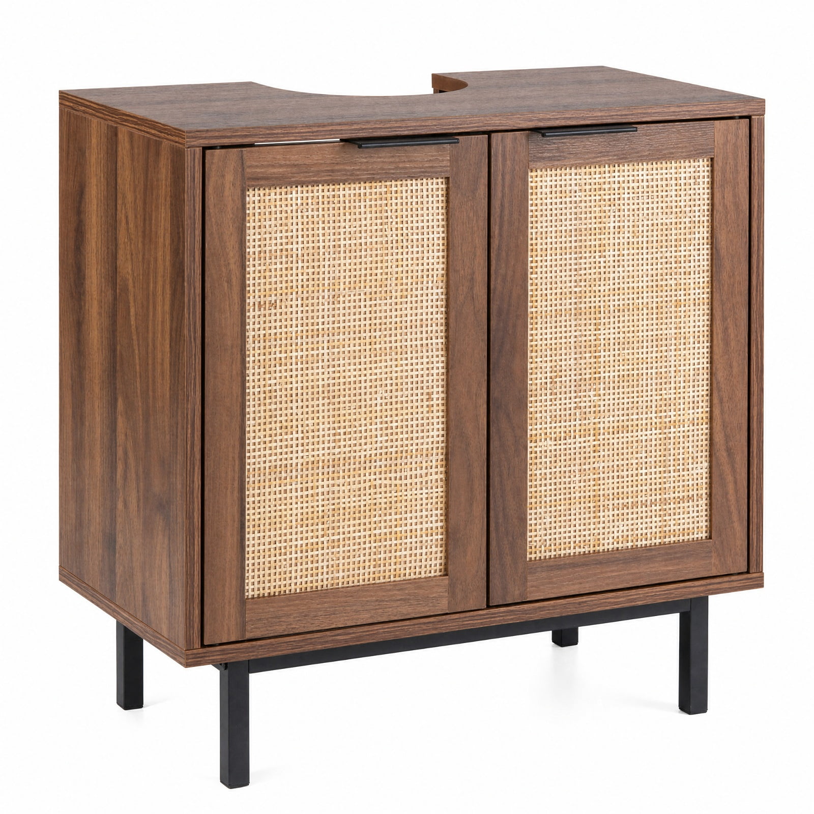 Vebreda Freestanding Bathroom Storage Cabinet, Bathroom Vanity Cabinet with U-Shaped Cut-Out 2 Rattan Doors and Shelf, Hidden Sink Organizer