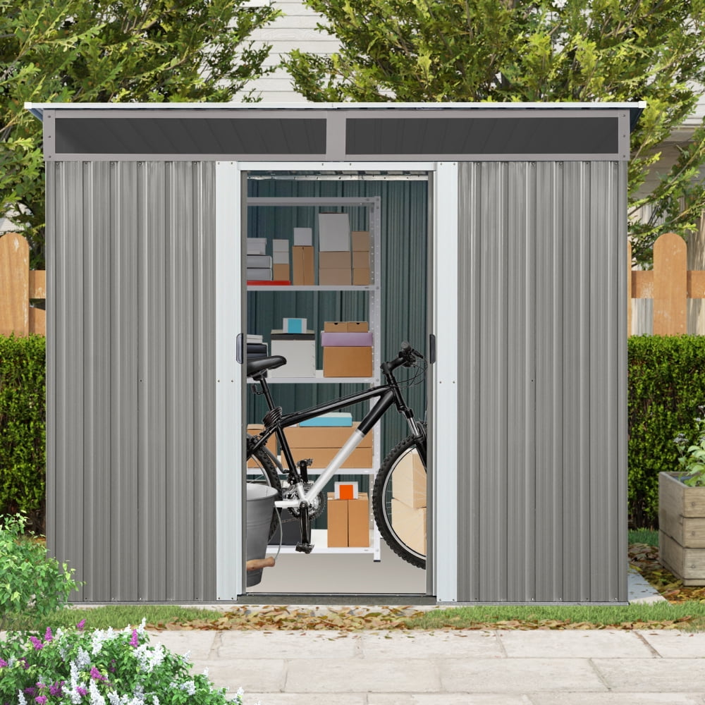 8 ft x 6 ft Outdoor Metal Storage Shed with Window, Transparent Plate, and Lockable Sliding Door – Garden and Lawn Storage