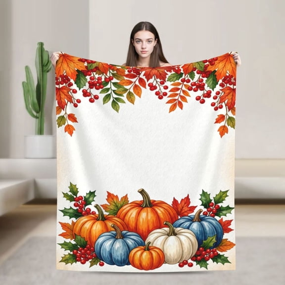Pumpkin Throw Blanket, Watercolor Pumpkin Design, Soft Flannel Fall Throw Blanket with Autumn Leaves, Cozy Farmhouse Decor for Couch Sofa 50x40