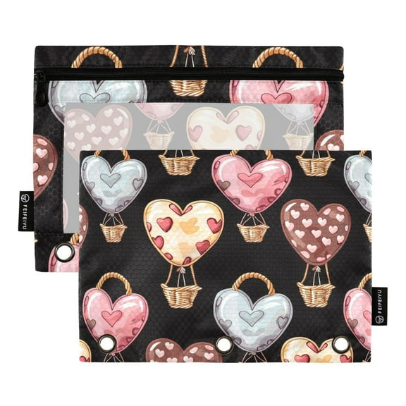 Heart Shape Balloon 2 Pack Pencil Pouch for 3 Ring Binder Smooth Zipper Folders with Pockets Clear Window Pencil Case