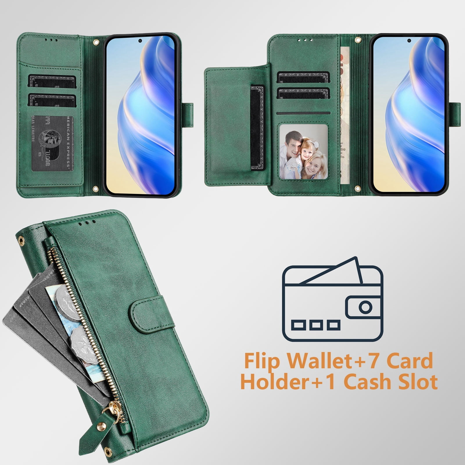 Filp Case for TCL 50 5G Zipper Pocket Magnetic Flip Wallet Phone Case with 7 Card Slots and Wrist Strap