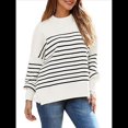 thumbnail image 2 of Suéteres de Murciélago Extragrandes para Mujer, Conjuntos de Otoño 2025, Suéteres de Cuello Redondo de Punto con Abertura Lateral, Tops de Moda. Rayas Blancas XL, 2 of 8