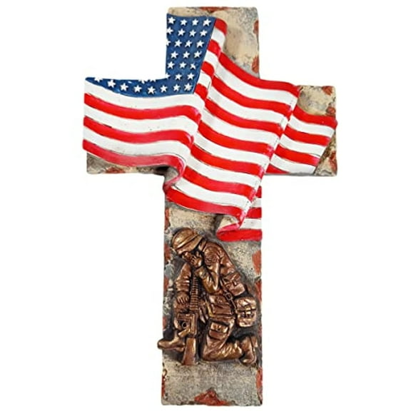 Urbalabs Western 12 Inch Wall Cross Soldier Reverence To Us Flag Distressed Wall Hanging Cross Country Wall Decor Room Decoration Office Church Home (Flag Above Kneeling)
