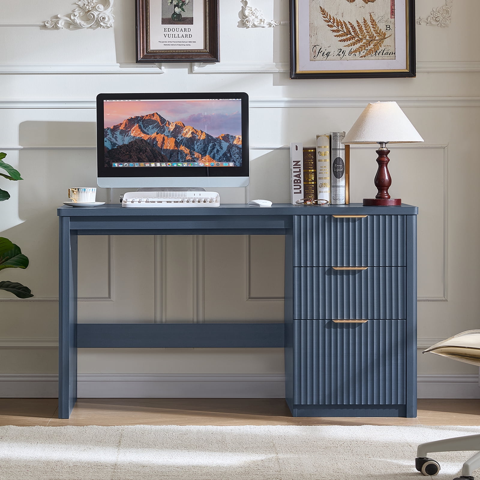 Leyaoyao 48" Fluted Computer Desk with 3 Drawers & Metal Handles, Modern Executive Desk, Writing Desk for Home Office Bedroom, Blue