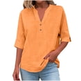 thumbnail image 3 of Craaazy Womens Solid Color Cotton Linen Blouse V-Neck 3/4 Sleeve Casual Henley Top with Button for Daily Wear Gifts, 3 of 9