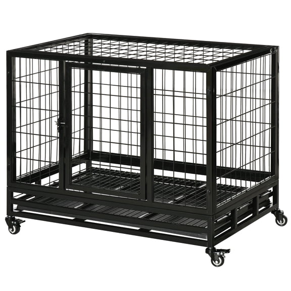 36" Heavy Duty Dog Crate with Removable Tray, Lockable Wheels and Double Door, for Medium and Large Dogs, Black