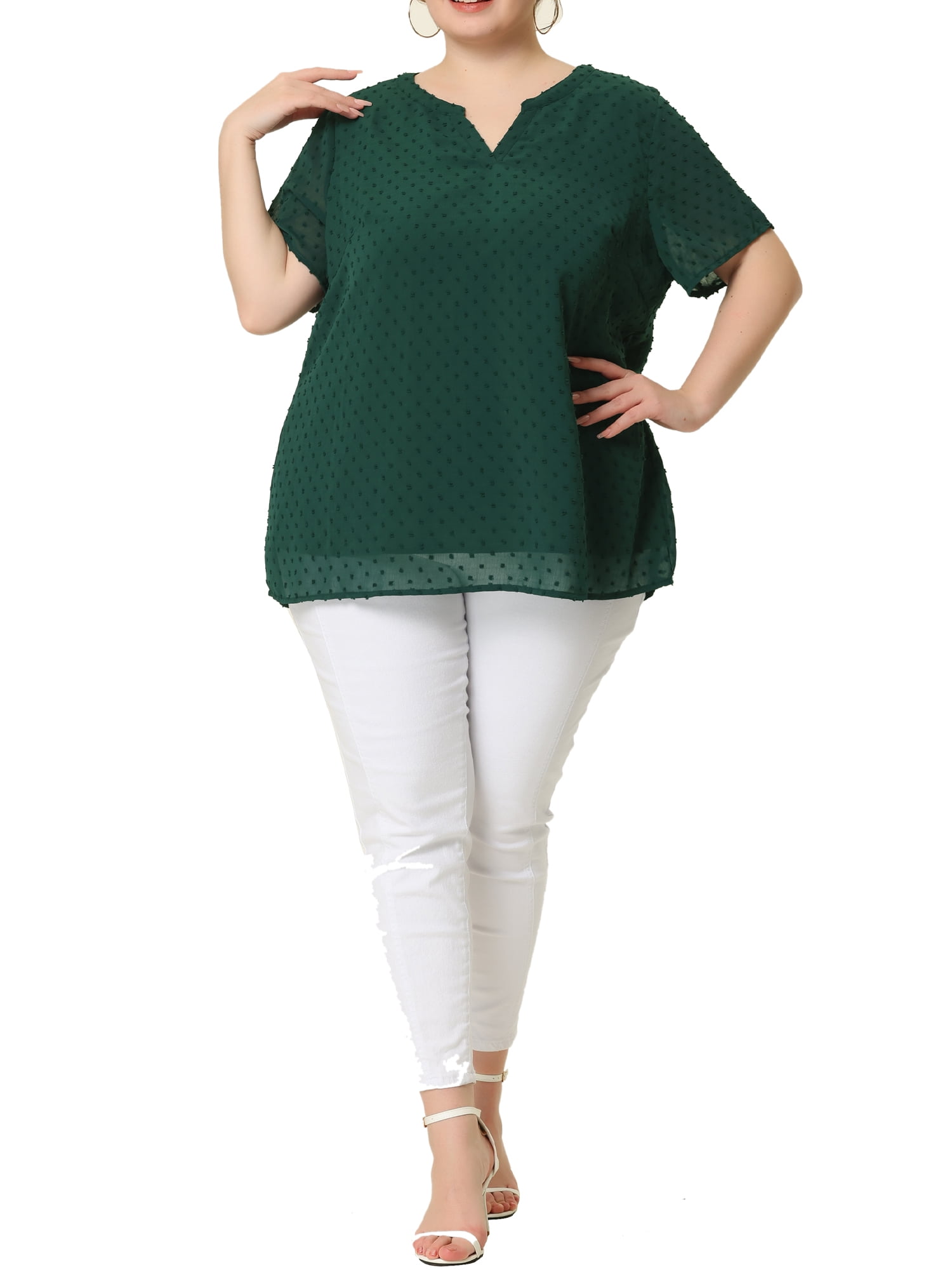 Unique Bargains Women's Plus Size Outfits Fashion Solid Pin Dots V Neck Top 5X Dark Green