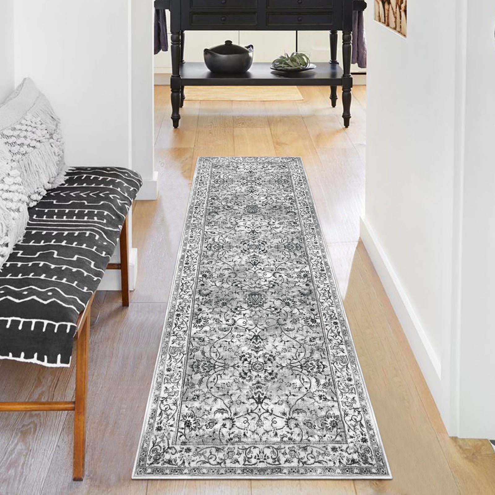 iOhouze Runner Rugs for Hallway 2x5 Rug Runner Thin Vintage Floral Rug Washable Runners Non-Slip Soft Low Pile Kitchen Runner Rug for Laundry Room Bedroom, Light Gray White