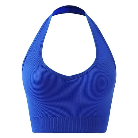 Oplxuo Sports Bras for Women Padded Summer Ribbed Halter Crop Tank Top Sexy Backless Workout Yoga Bra