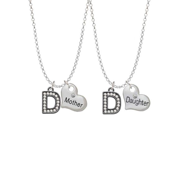 Delight Jewelry Black Nickeltone Crystal Initial - D - Beaded Border - Mother & Daughter Heart Necklaces (Set of 2), 19" 2"