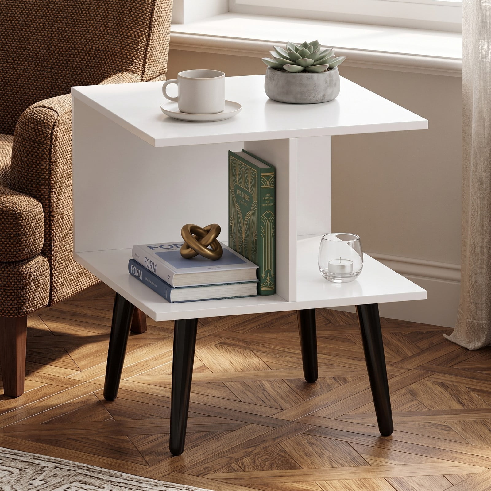 Furnibear 2-Tier Mid Century Modern End Table, Square Nightstand Side Table with 2 Open Compartments and Tapered Metal Legs, Sofa Couch Bedside Accent Table for, White