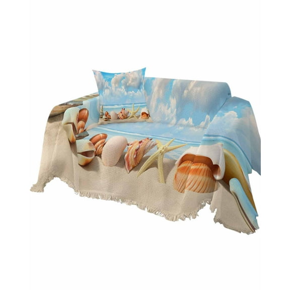 Ocean Beach Sofa Couch Covers for Dog,Washable Sectional Couch Slipcovers for Loveseat with Tassels,Blue Summer Seashell Conch Starfish Sand Non Slip Sofa Throw Cover Blanket Large 71''x102''