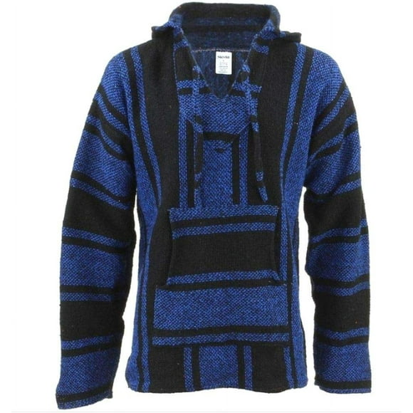 Mexican Baja Hoodie Hippie Surf Poncho Sweater Sweatshirt Pullover Jerga (Large, Blue/Black)