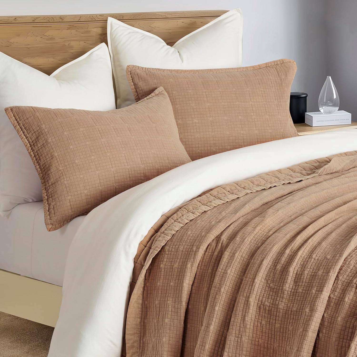 EVERGRACE Stonewashed Cotton Quilt Set King Size, Ultra Soft Oversized Bedspread Coverlet Set, Lightweight Crinkle Box Stitch Bedding Sets for All Season, with 2 Shams, Blushed Terracotta