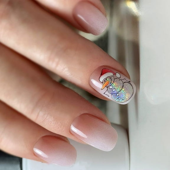 Christmas Press On Nails Snowman False Nails Winter Full Cover Stick on Nails White Gradient False Nails for Woman