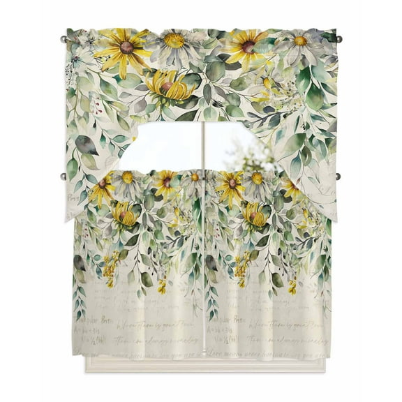 Flowers Eucalyptus Kitchen Curtain and Valance Set 3 Pieces,Rod Pocket Short Tier Curtains 36 Inch Length,Vintage Botanical Floral Leaves Swag Topper Small Window Treatment for Cafe Bathroom Bedroom