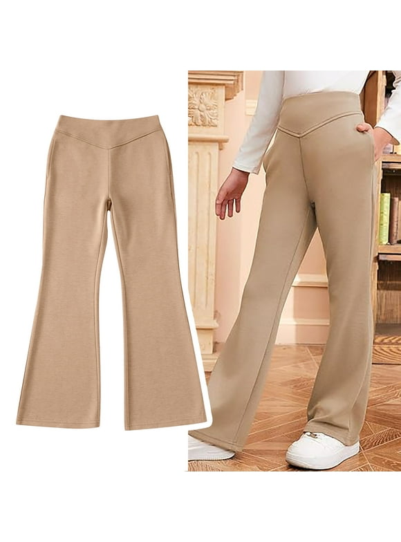 Uniform Pants for Girls Skinny Fit Kids Dress Pants with Pockets Flare Leg Pants Girls Khaki Pants Back to School Outfits for Girls Kids Girls Outfits Size 9-10 Years