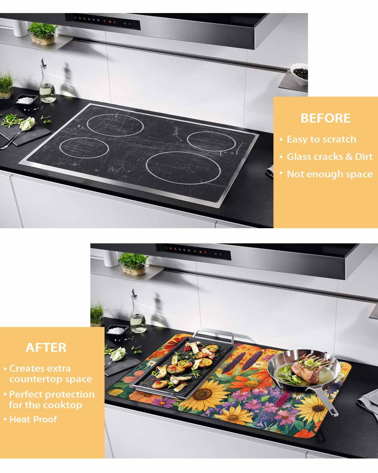 nqOlkjepod Large Induction Cooktop Protector Mat 24"x21", Colorful Flowers Stove Top Covers for Electric Stove, Farmhouse Sunflower Daisy Decorative Stove Burner Cover Mats, Glass Top Stove Cover