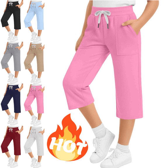 Mifsaly Girls Capri Pants Kids Elastic Waist Wide Leg Capris Comfortable Loose Casual Athletic Cropped Joggers with Pockets