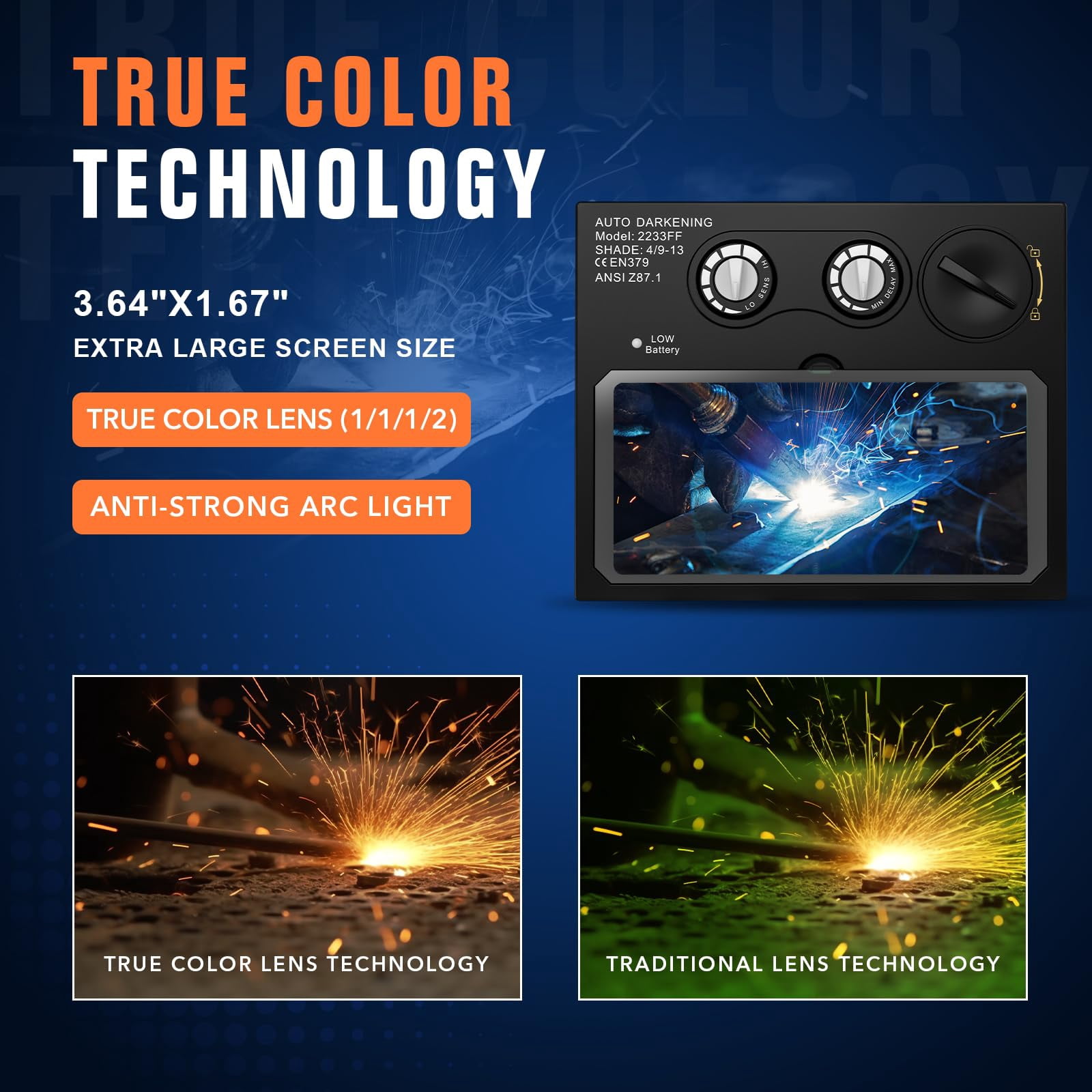 Welding Lens - Solar Auto Darkening Welding Helmet Lens True Color Technology with 2 Arc Sensor Ajustable Shade Range 4/9-13 Automatic LCD Lens Dimming Shade Filter 4.33x3.54in Auto Welding Lens