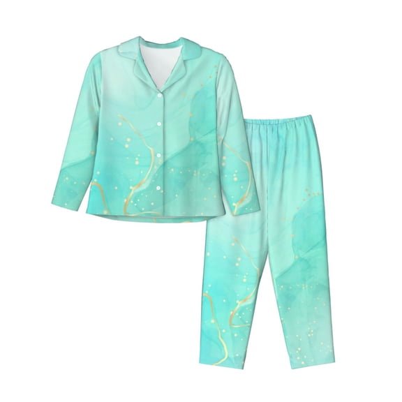Vsdgher Cyan Mint Marble Pajamas Set Long Sleeve Sleepwear Womens Button Down Nightwear Pj Sets-Small