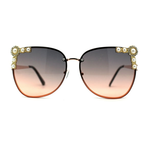 Intricate Metal Jewel Pearl Trim Rimless Metal Rim Butterfly Sunglasses Gold Black Peach