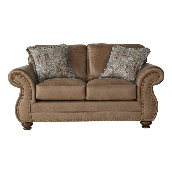 Roundhill Furniture Leinster Faux Leather Loveseat with Antique Bronze Nailheads in Jetson Ginger