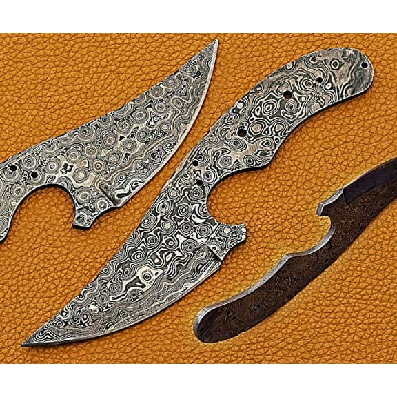 7.5 inches Long Hand Forged rain Drop Pattern Damascus Steel Trailing Point Blank Blade Skinning Knife, 3" Long Sharp Cutting Edge, 4" Scale Space with 6 pins Hole