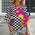 thumbnail image 3 of Retro Classic 1980S Shapes On Black And White Check Women's V-Neck Blouse With 3/4 Ruffled Bell Sleeves Casual Top Ladies Blouses, 3 of 7
