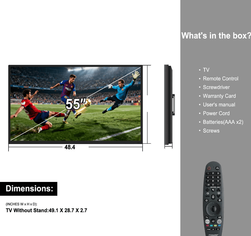 55'' Outdoor Smart TV, 4K UHD Smart TV 2500nits High Brightness TV, IP65 Waterproof with Dolby Atmos, Voice Assistant Remote, Chromecast for Full Sun