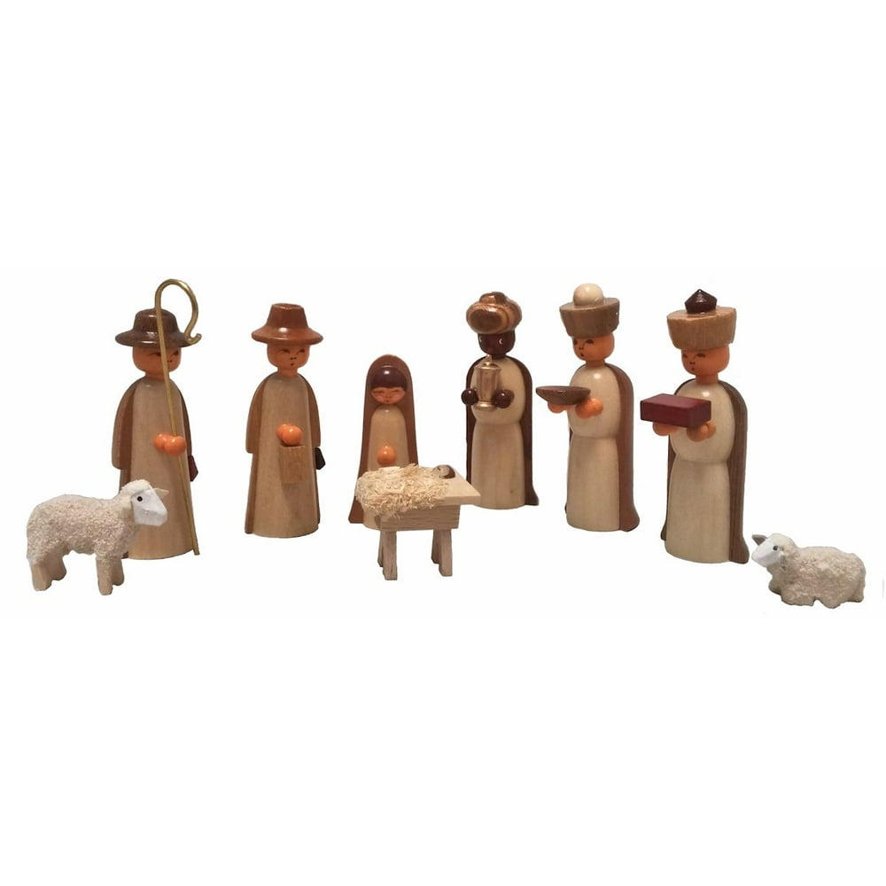 German Wood Miniature Nativity Scene Figurine Set of 9 Wood Box Made in