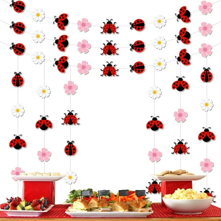 Ladybug Baby Shower Decorations Little Ladybug Flower Garland Banner Insect Theme Streamers Hanging Decor for Ladybird Baby Shower Birthday Party Supplies