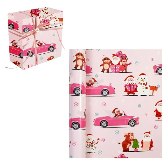 Wrapping Paper Pink,Christmas Wrapping Paper Roll - 17 Inches X 9.84 Feet,Santa Claus Calf Cart Design Pink Gift Wrap Stone Paper for Xmas,Holiday,Party(A)