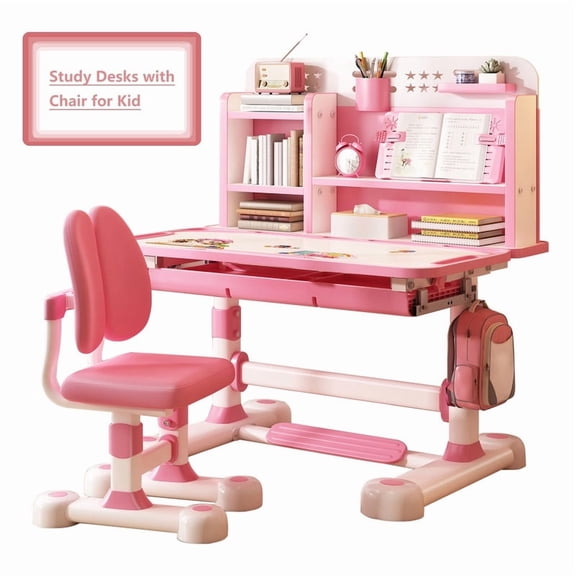 Height--Tiltable-Adjustable Kids Desk (Pink)