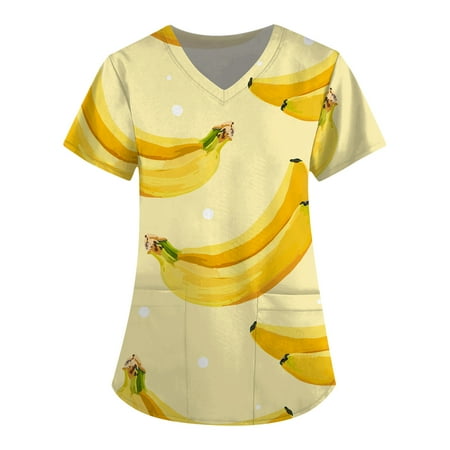 

TKing Fashion Independence Day Women Plus Size Scrubs Top V-Neck Short Sleeve Printed Pockets Work Blouse for Women Yellow 4XL