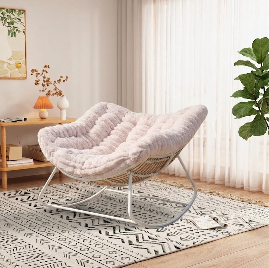 Oversized Rocking Chair, Indoor Outdoor Patio Wicker Rocker with Thick Cushion, Patio Lounge Chair Rocking Recliner