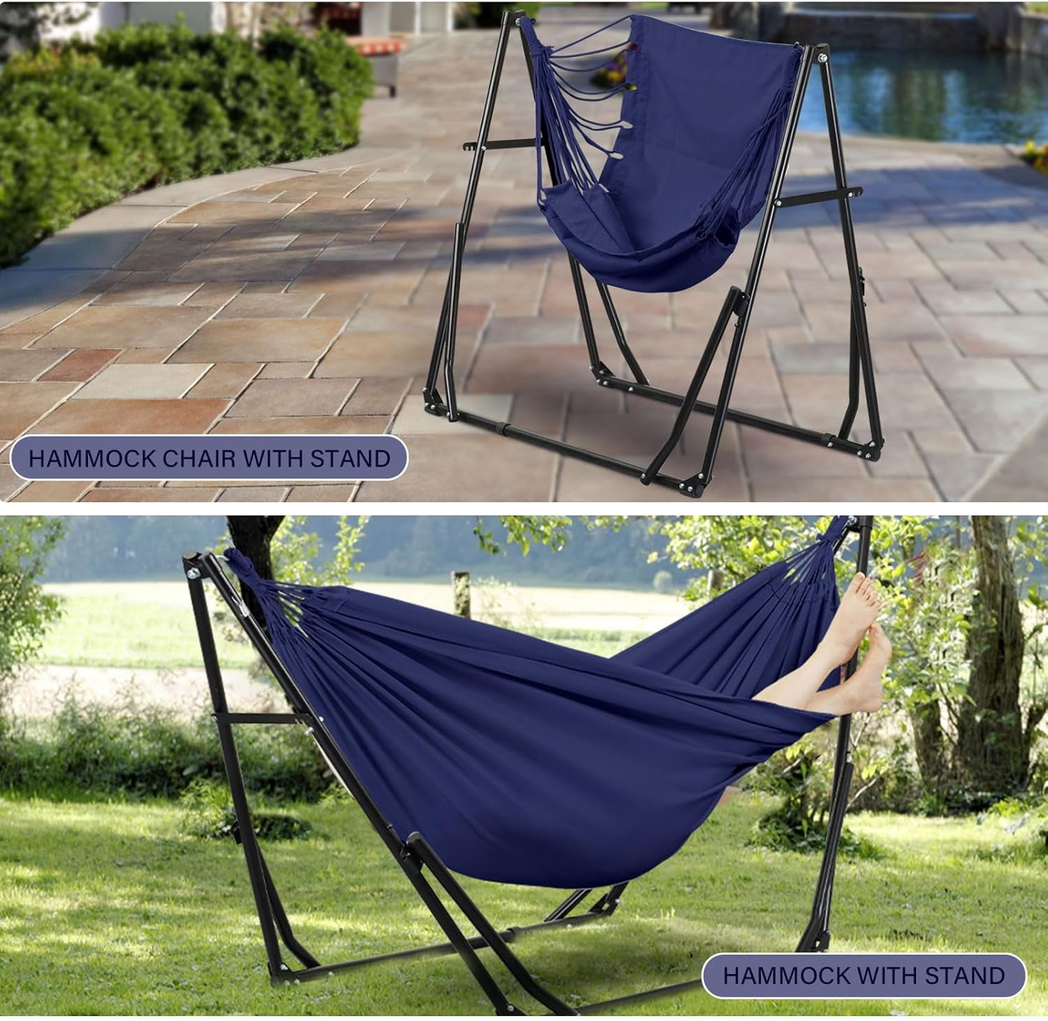 2 in 1 Hammock with Stand, Outdoor Hammock Swing Chair with Portable Heavy Duty Stand, Multi-Functional Hammock Stand 480 lbs Weight Capacit-Blue