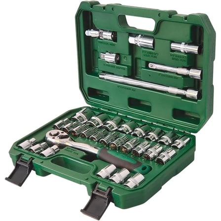32-piece Mechanic Tool Set 1/2" Drive Metric Socket Set, Ratchet Wrench, Extension bars and Universal joint for Auto Repairing & Household