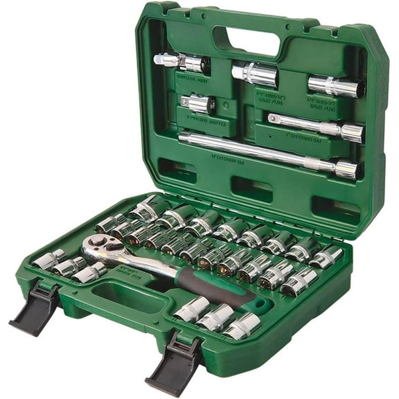 32-piece Mechanic Tool Set 1/2" Drive Metric Socket Set, Ratchet Wrench, Extension bars and Universal joint for Auto Repairing & Household