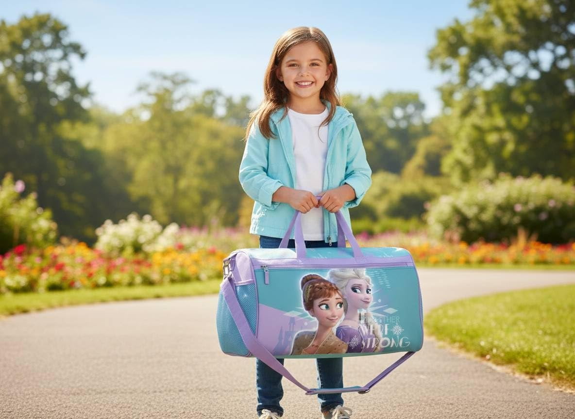 Disney Frozen Girls Duffle Bag  Elsa & Anna Travel Gym Bag with Adjustable Strap, Mesh Side Pockets & Zipper Pocket