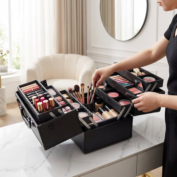 LuckyNote Professional Large Makeup Train Case, 14" Lockable Cosmetic Organizer Box with 6 Adjustable Trays, Black