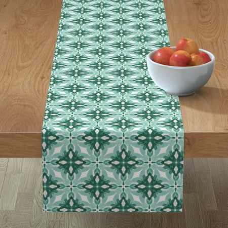 

Cotton Sateen Table Runner 90 - Watercolor Green Tile Geometric White Mint Teal Modern Print Custom Table Linens by Spoonflower