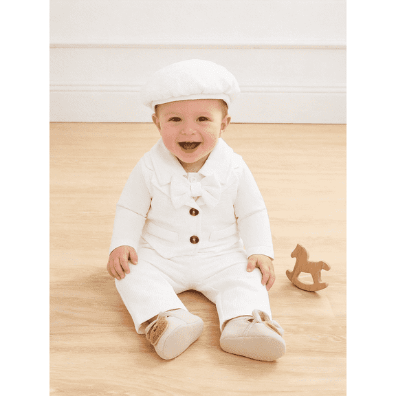 PureChapter Baby Boy 3-Piece Baptism Outfit - Adorable Long Sleeve Vest-Style Onesie with Pants and Hat for Christening,Gift